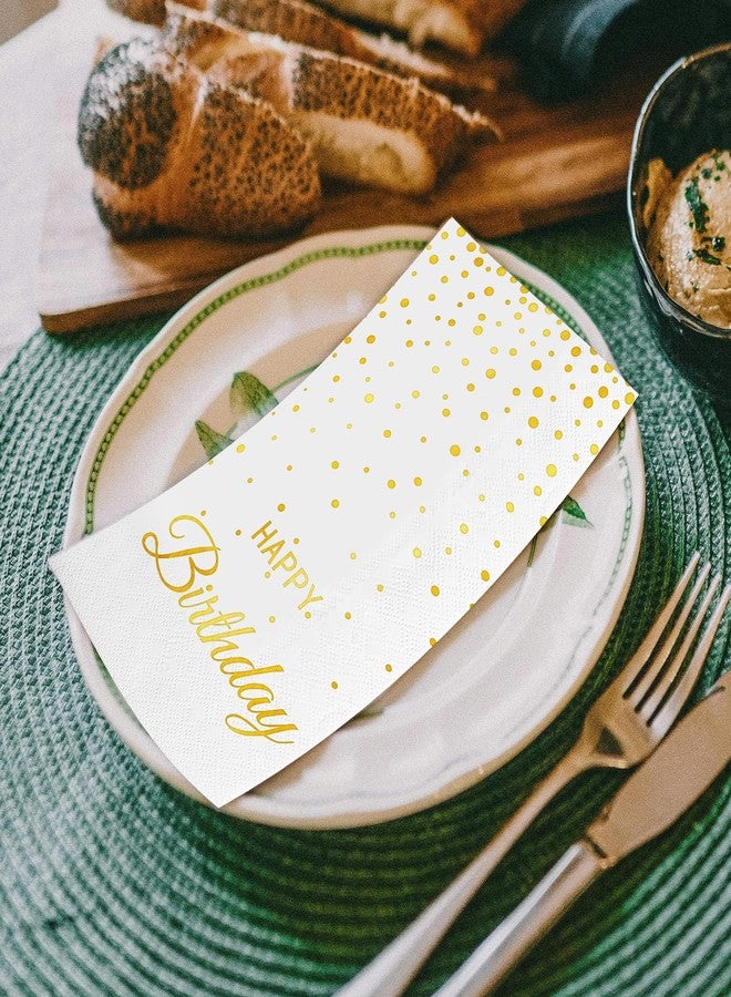 MEINV 100 Happy Birthday Guest Napkins - Disposable Gold Foil Dots Paper Hand Towels, 3 Layers White and Gold Birthday Dinner Napkins for Men Women Birthday Party Table Decorative - Image 5